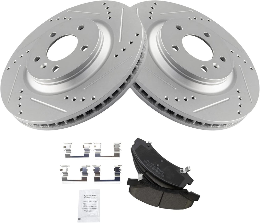 TRQ Performance Front Brake Pad & Rotor Kit Ceramic Premium G-Coated Slotted X Drilled Compatible with 2008-2009 Buick LaCrosse