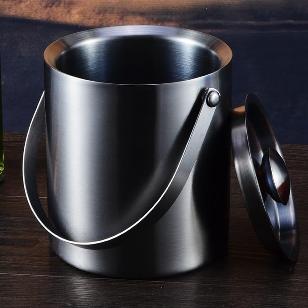 2L Ice Bucket with Lid, Double Wall Insulated Stainless Steel ICES Buckets Wine for Cocktail Bar and Parties(Black)