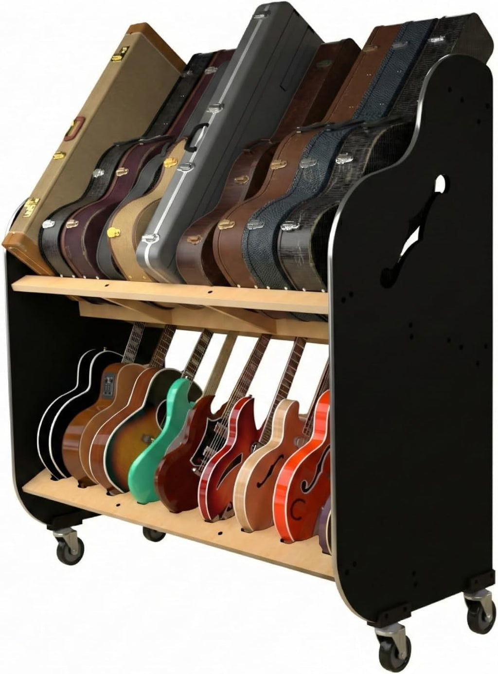 A&S Crafted Products Double-Stack Combo Guitar & Case Rack - The Session-Pro | Mobile 2-Tier Stand | Made in U.S.A.