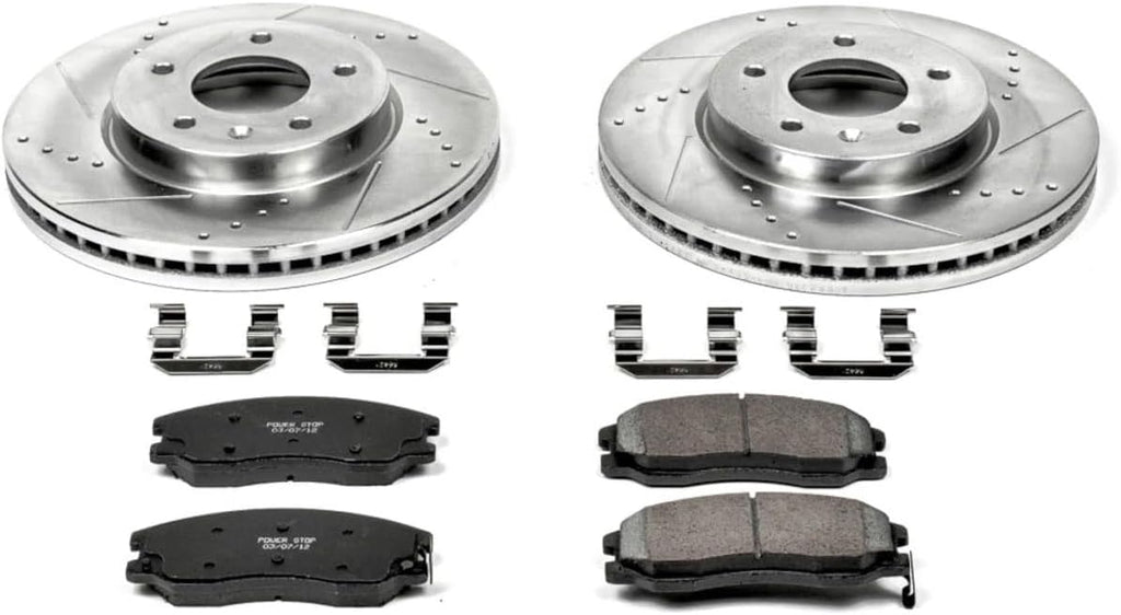 PowerStop Front Brake Kit for Chevrolet Captiva Sport 2012-15 |Equinox 2007-09 |Pontiac Torrent 2007-09 - Drilled and Slotted Disc Rotors with Carbon-Fiber Ceramic Brake Pads Replacement, K2090
