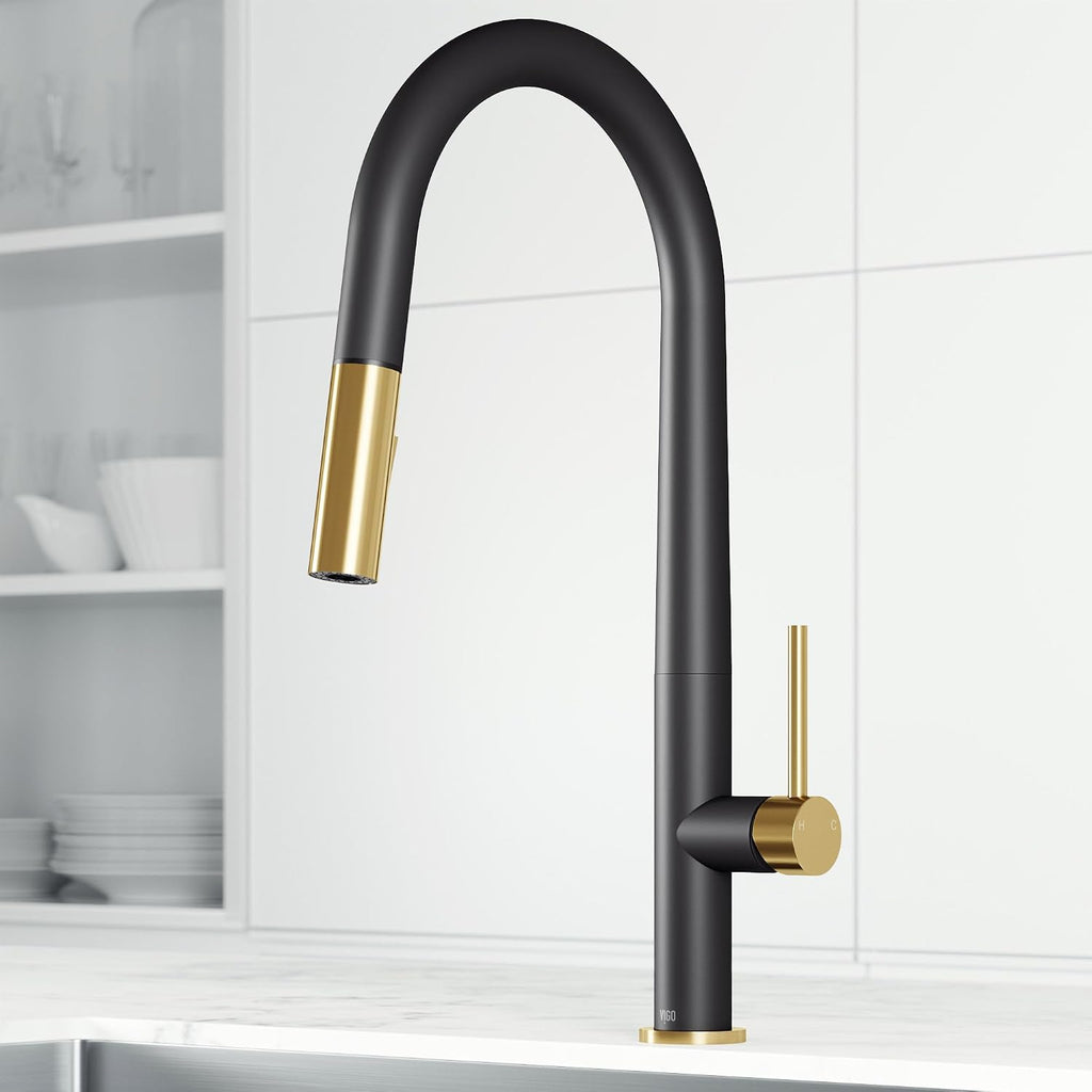 VIGO Greenwich 18'' H Single Handle Pull-Down Sprayer Kitchen Faucet in Matte Black and Matte Brushed Gold-VG02029MBMGB
