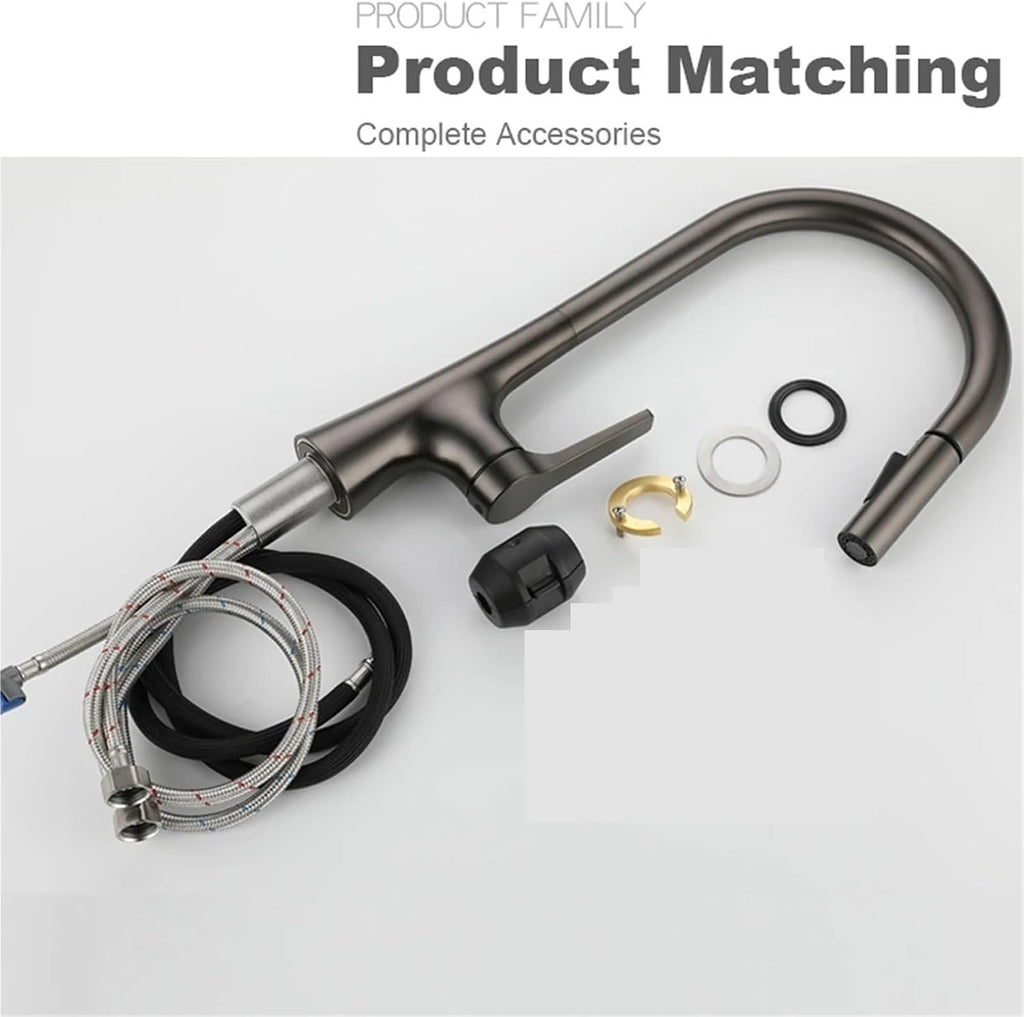 Brass Deck Mounted 360 Degree Rotation Kitchen Pull Out Brass Faucet Hot and Cold Water Sink Taps(Gray)