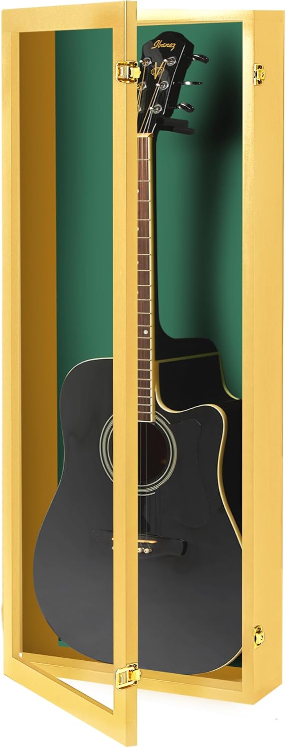 PENNZONI Acoustic Guitar Display Case - Acrylic Acoustic Guitar Case - Guitar Display Case Wall Mount Made from Hardwood Frame & Clear Acrylic - Golden Oak w/Felt Green