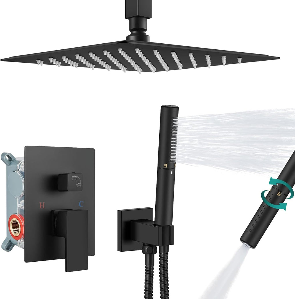 Aolemi Ceiling Mount Shower Faucet Set,Shower System Rain Showerhead and Handheld Spray Combo High-Pressure Showerheads Set with Valve and Trim Kit Rough-in Valve,12 Inch Matte Black