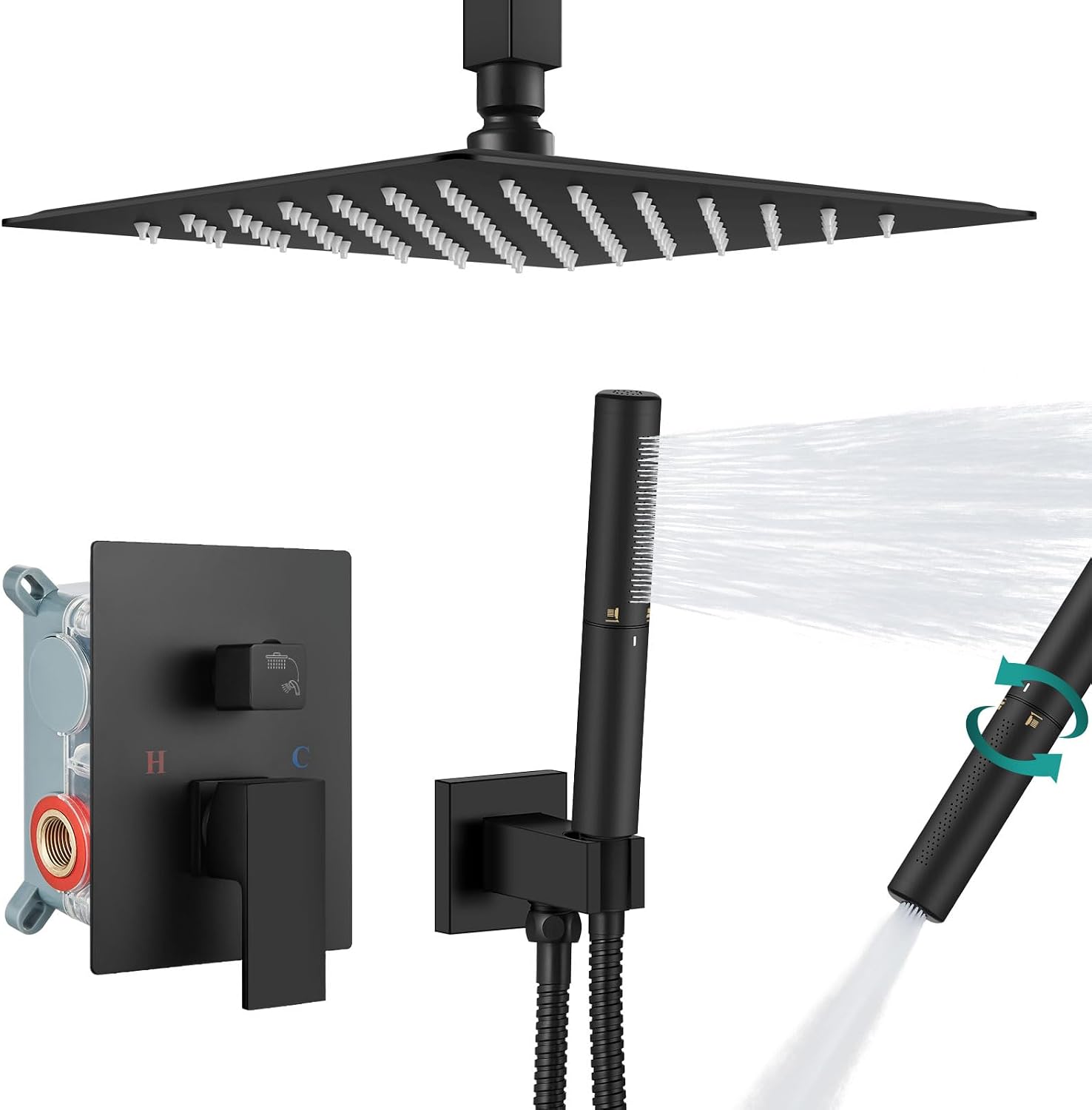 Aolemi Ceiling Mount Shower Faucet Set,Shower System Rain Showerhead and Handheld Spray Combo High-Pressure Showerheads Set with Valve and Trim Kit Rough-in Valve,12 Inch Matte Black
