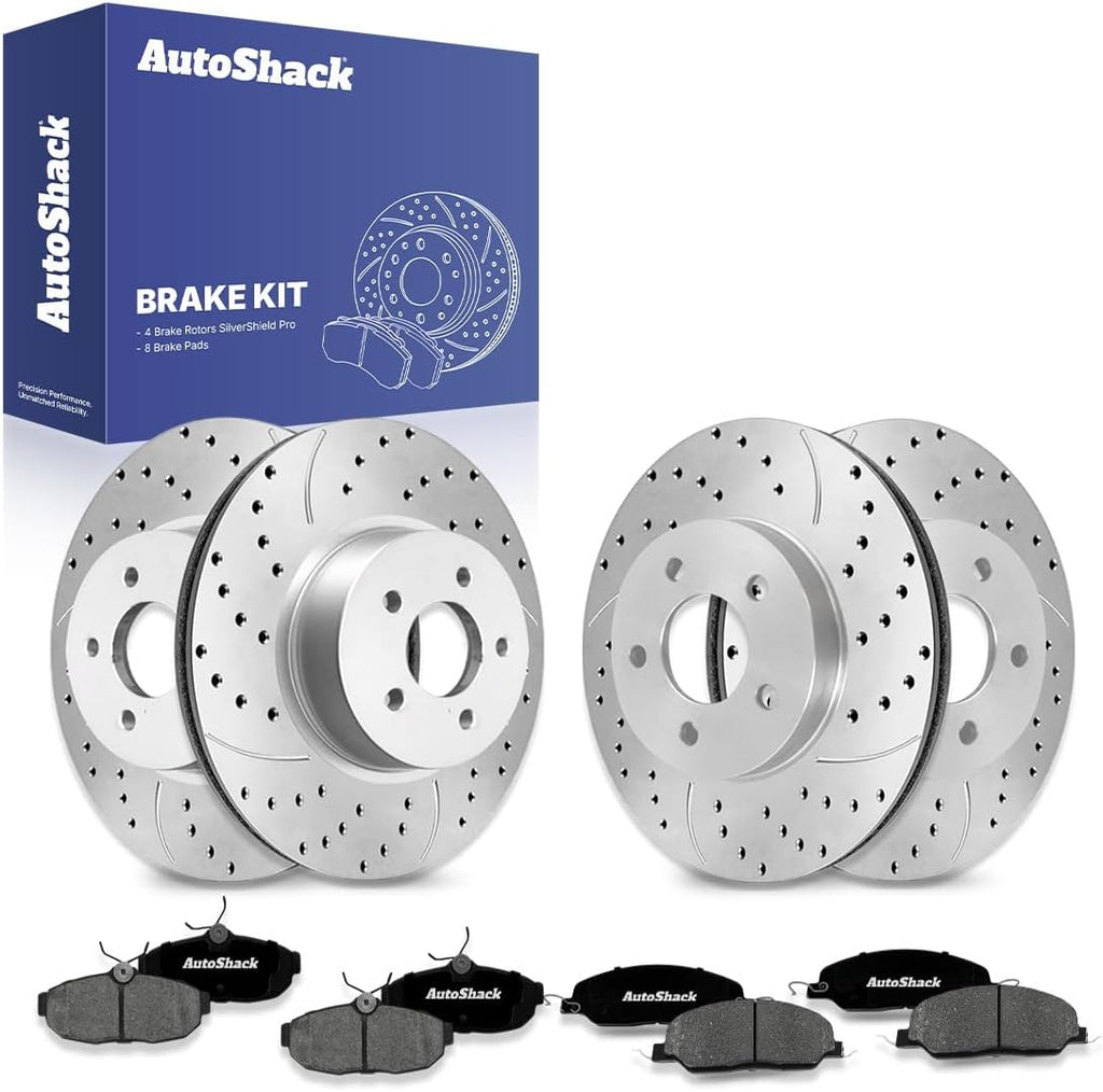 AutoShack Front & Rear Brake Rotors & Premium Pads for Ford, Mustang 2005-2010, RWD V6 4.0L - Silver Zinc Coated Drilled & Slotted - SilverShield Pro