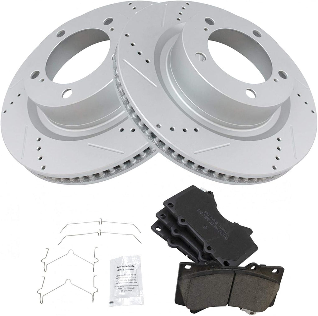 TRQ Performance Front Brake Pad and Rotor Set Ceramic G Coated Drilled Slotted Vented Rotors Compatible with 2016-2021 Lexus LX570 Land Cruiser 2008-2021 Sequoia 2007-2021 Tundra