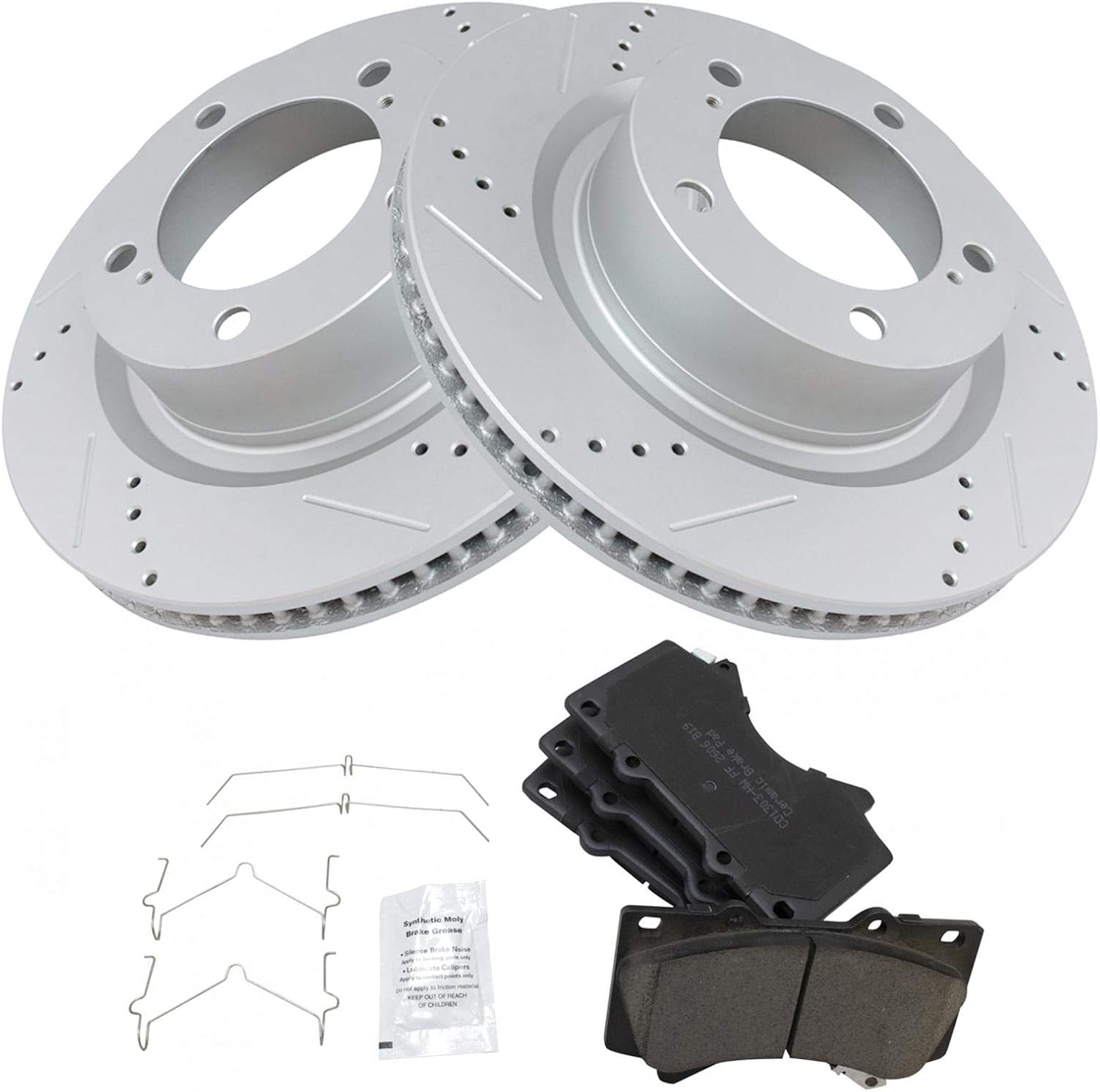 TRQ Performance Front Brake Pad and Rotor Set Ceramic G Coated Drilled Slotted Vented Rotors Compatible with 2016-2021 Lexus LX570 Land Cruiser 2008-2021 Sequoia 2007-2021 Tundra