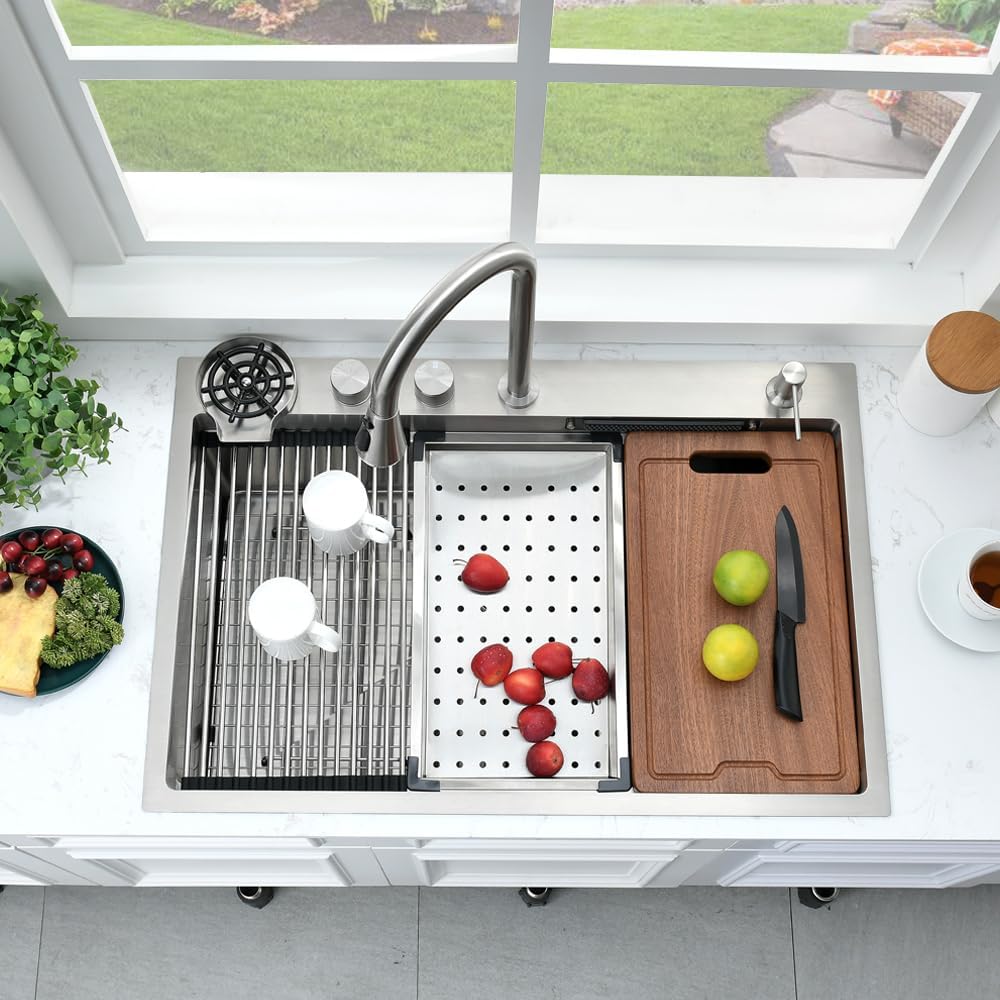 33 Inch Drop In Waterfall Kitchen Sink with Faucet Combo-Bokaiya 33x19 Drop In Sink with Cup Washer 16 Guage 10 Inch Deep Multifunctional Single Bowl Kitchen Sink Set