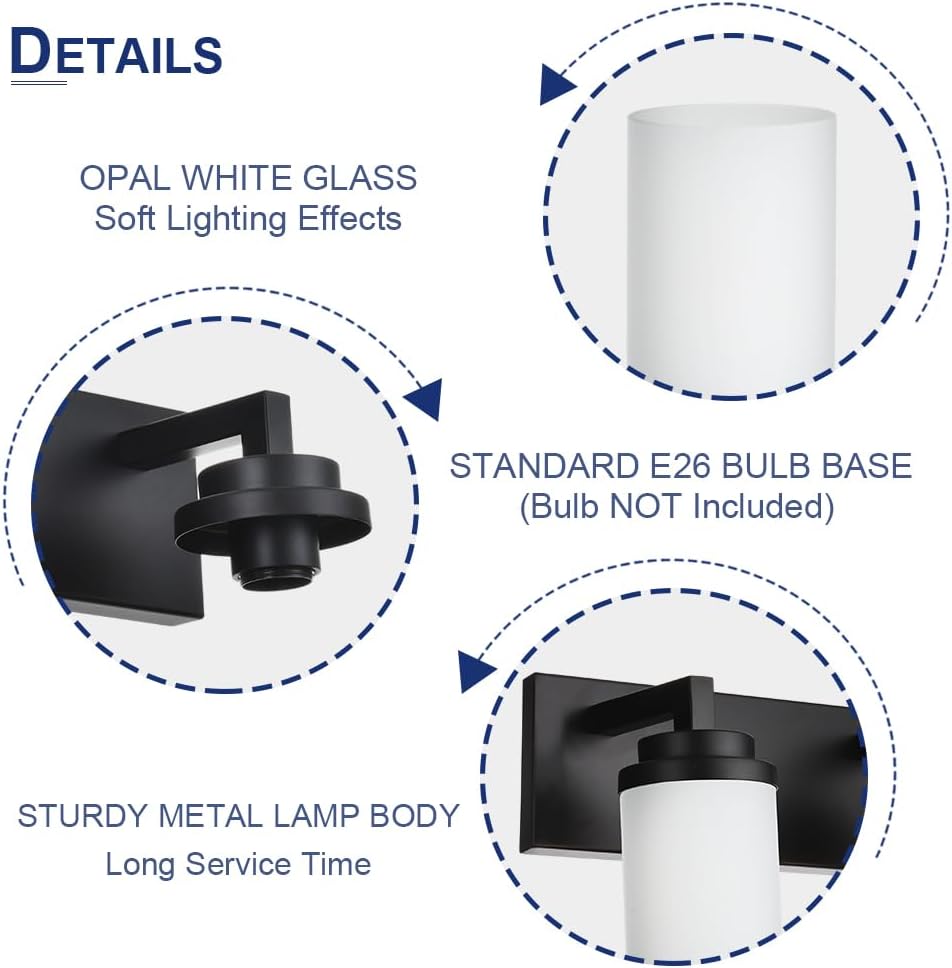 TODOLUZ 4-Lights Bathroom Light Fixtures in Matte Black, Modern Opal White Glass Vanity Light E26 Bulb Base, Wall Mount Lighting for Bedroom Bath Living Room