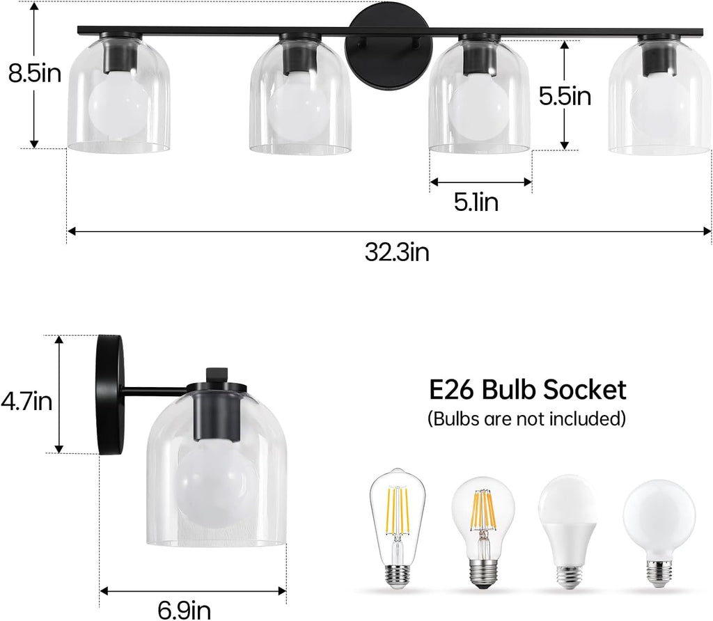WOSHITU Bathroom Vanity Light Fixtures: 32.3 Inch Modern Matte Black Bathroom Lighting Fixtures Over Mirror with Clear Glass Shade 4 Light Vanity Lighting Fixtures Farmhouse Vanity Lights