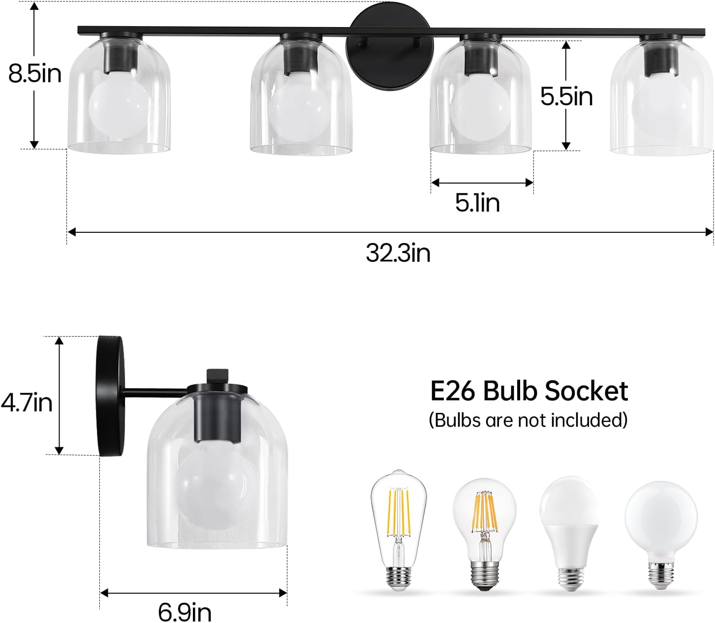 WOSHITU Bathroom Vanity Light Fixtures: 32.3 Inch Modern Matte Black Bathroom Lighting Fixtures Over Mirror with Clear Glass Shade 4 Light Vanity Lighting Fixtures Farmhouse Vanity Lights