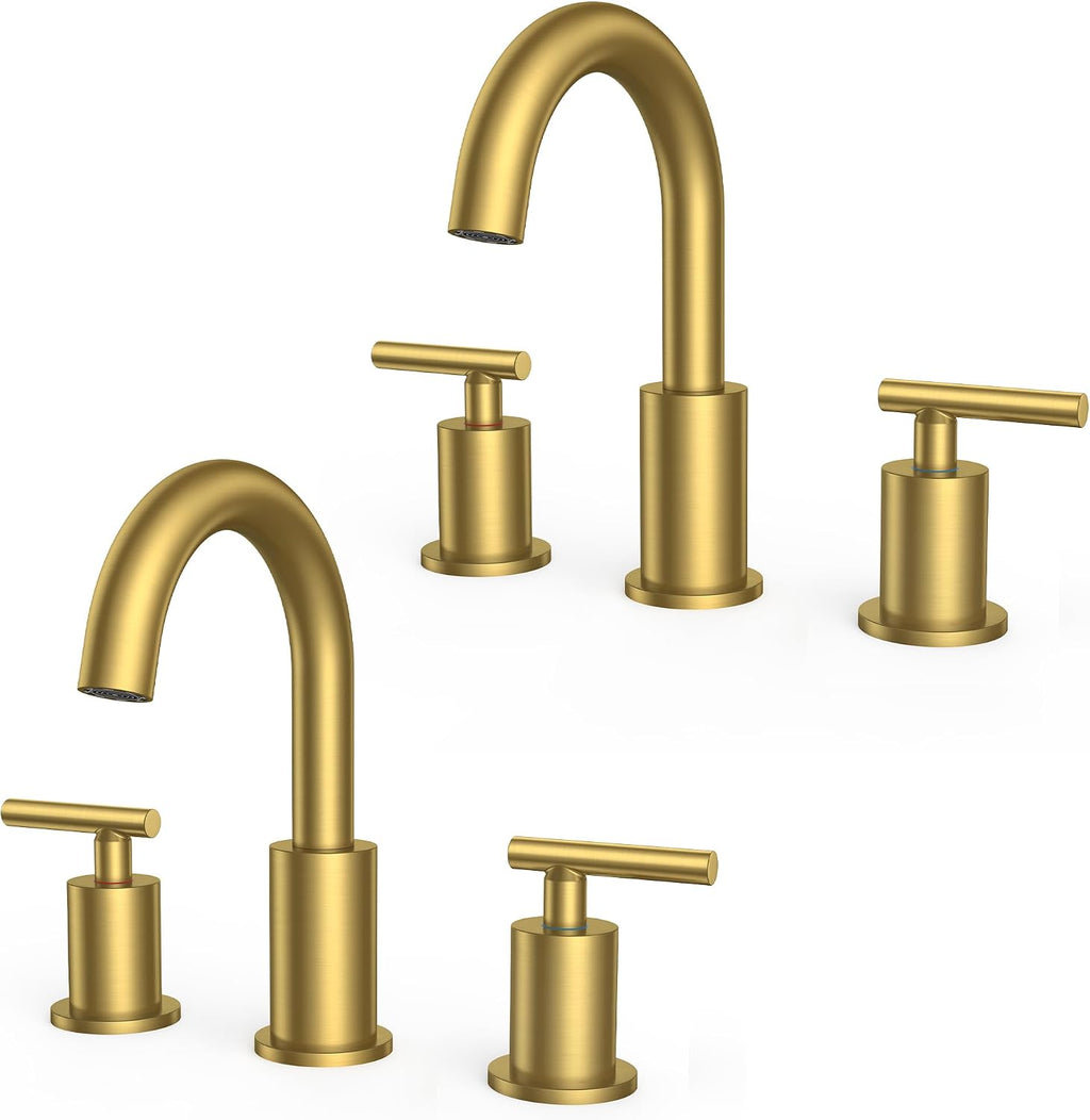 FORIOUS 2 Pack 8 Inch Widespread Brushed Gold Bathroom Faucet 3 Hole, 2 Handle Gold Sink Faucet Bathroom Vanity with 360 Degree Swivel Spout, with Pop Up Drain and cUPC Supply Line