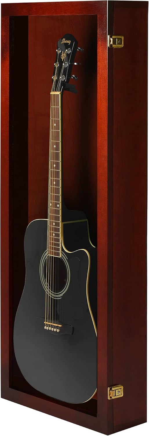 PENNZONI Acoustic Guitar Display Case - Acrylic Acoustic Guitar Case - Guitar Display Case Wall Mount Made from Hardwood Frame & Clear Acrylic - Cherry w/No Felt