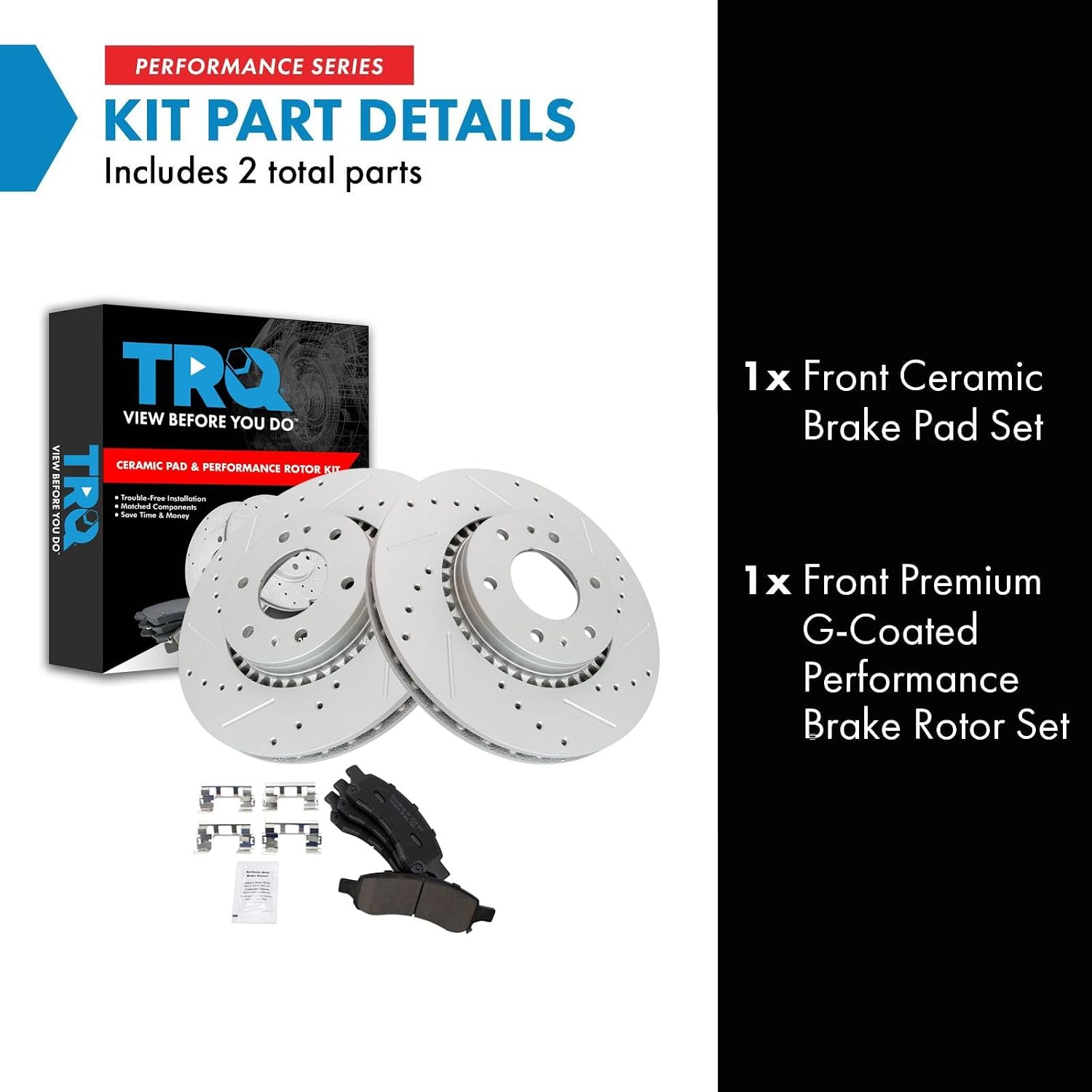 TRQ Performance Front Brake Pad & Rotor Set Ceramic G Coated Drilled Slotted Rotors Compatible with 06-07 Buick Rainier 2006 Chevrolet SSR 06-08 Chevrolet Trailblazer EXT 06-09 GMC Envoy XL Saab 9-7x