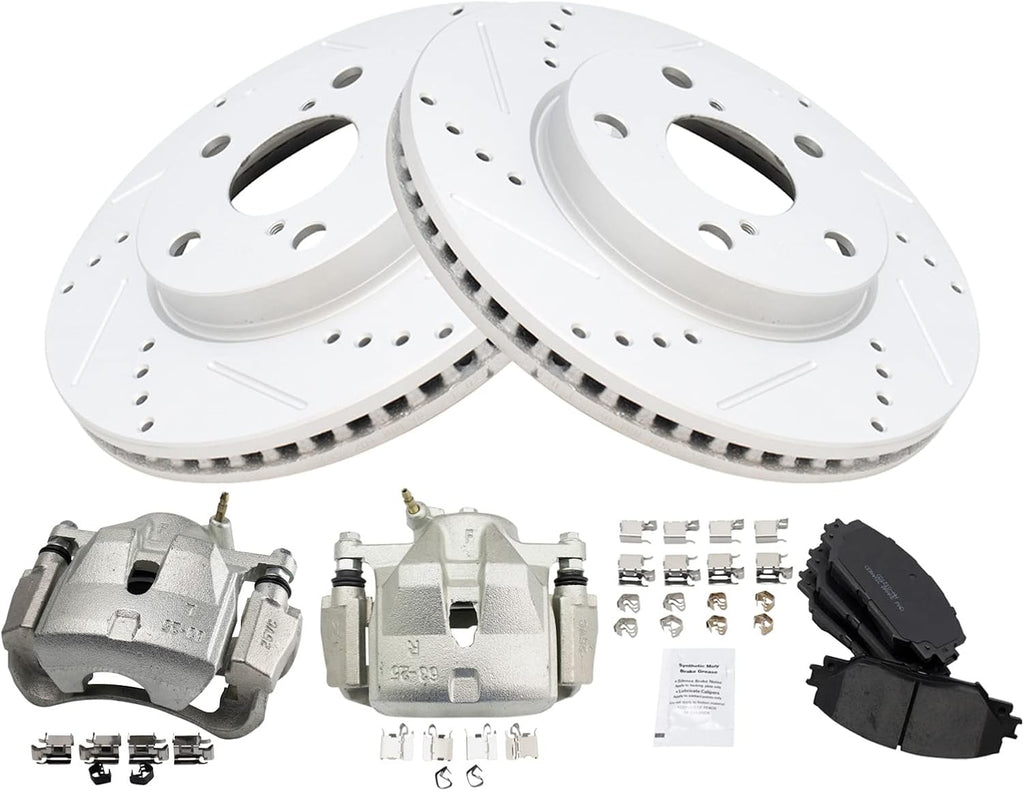 TRQ Performance Front Brake Pad and Rotor Set Ceramic Coated Drilled Slotted Rotors Calipers Compatible with 2010-2012 Lexus HS250h 2008-2015 Scion xB 2011-2017 Toyota RAV4 2012-2017 Prius V