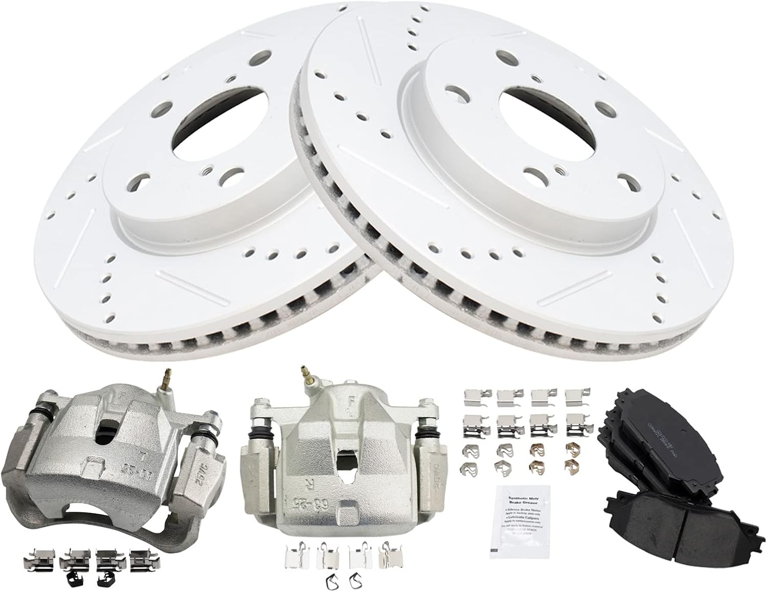 TRQ Performance Front Brake Pad and Rotor Set Ceramic Coated Drilled Slotted Rotors Calipers Compatible with 2010-2012 Lexus HS250h 2008-2015 Scion xB 2011-2017 Toyota RAV4 2012-2017 Prius V