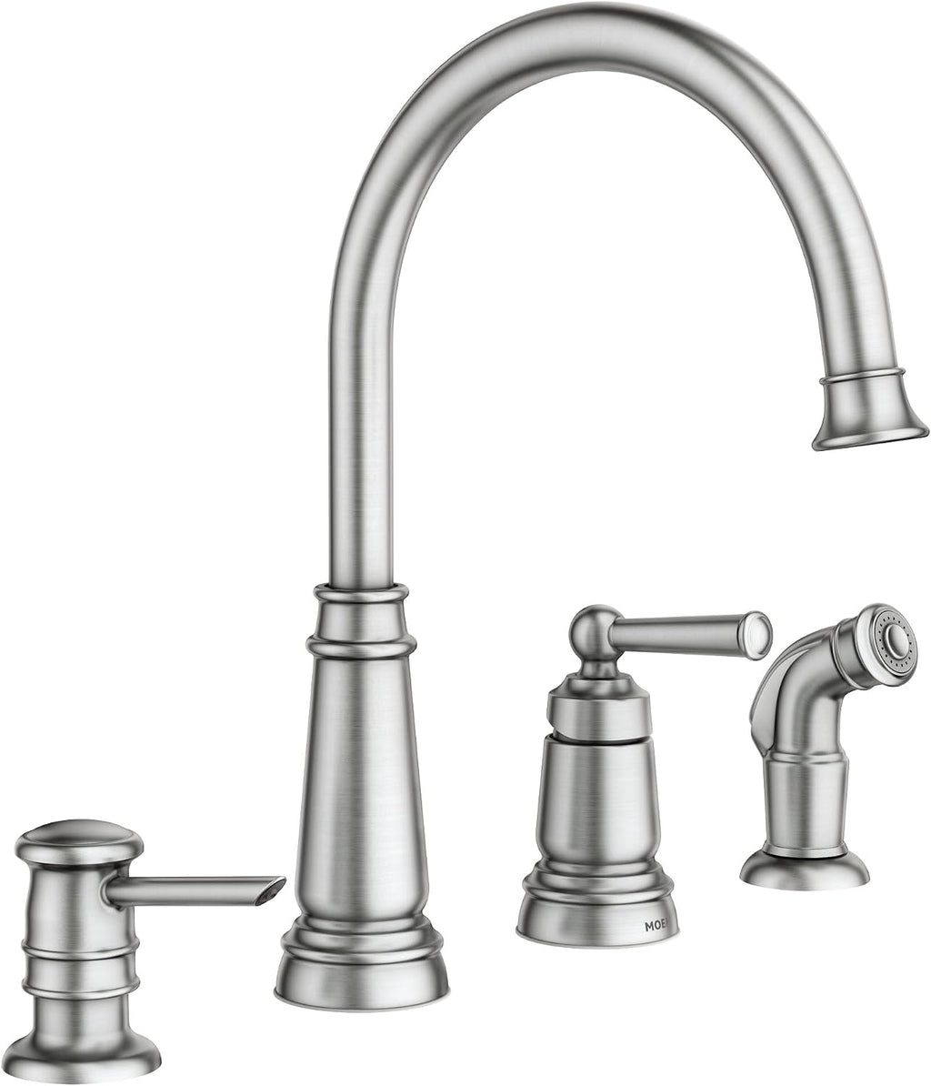 Moen 87042SRS Edison One-Handle High Arc Kitchen Faucet with Side Sprayer and Soap Dispenser, 4-Hole, Spot Resist Stainless