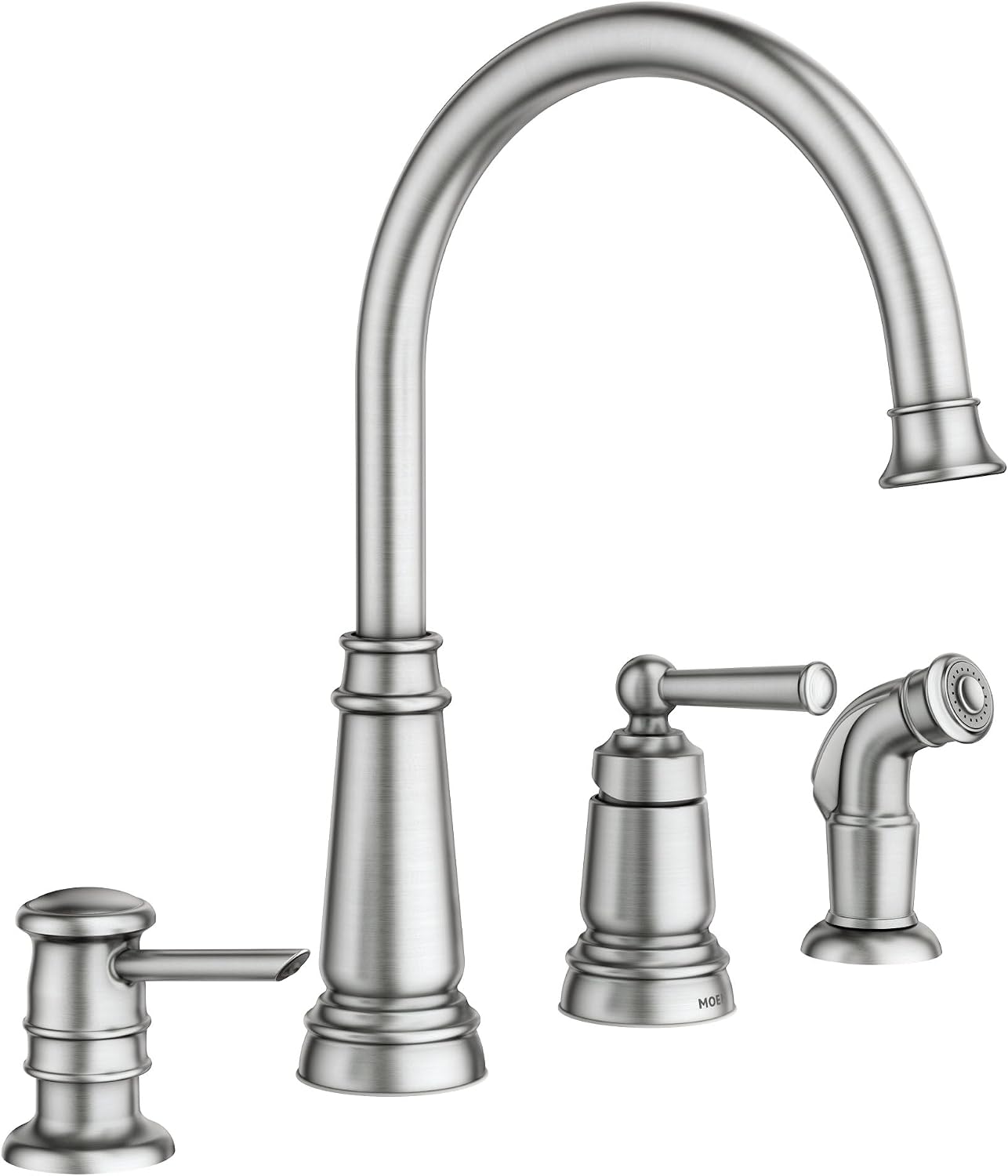 Moen 87042SRS Edison One-Handle High Arc Kitchen Faucet with Side Sprayer and Soap Dispenser, 4-Hole, Spot Resist Stainless