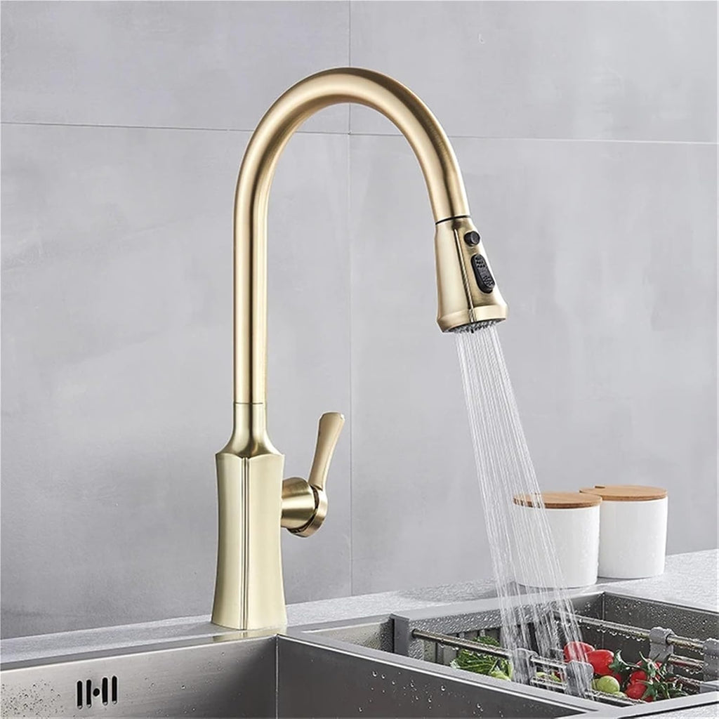 Kitchen Faucet Hot and Cold Water Mixer Faucet for Kitchen Pull Out Mixer Crane 2 Function Spout Brass Water Mixer(Brushed Gold)