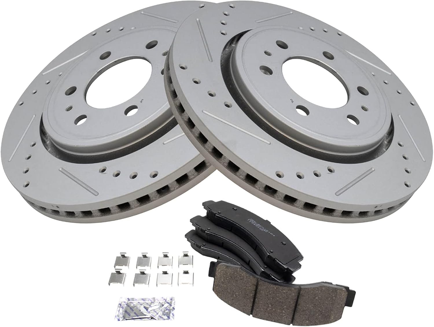 TRQ Performance Front Brake Pad and Rotor Set Ceramic Coated Drilled Slotted Rotors Compatible with 2018-2020 Ford Expedition F-150 Lincoln Navigator