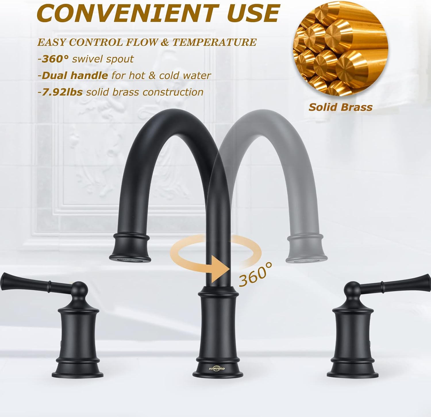 Matte Black Roman Tub Faucet, Antique Bathtub Faucet Set 3 Hole, High Flow Bath Tub Faucet 12-16 inch Widespread, Solid Brass Tub Filler 2 Handle 360° Swivel Spout Rough-in Valve(B2307-BK)