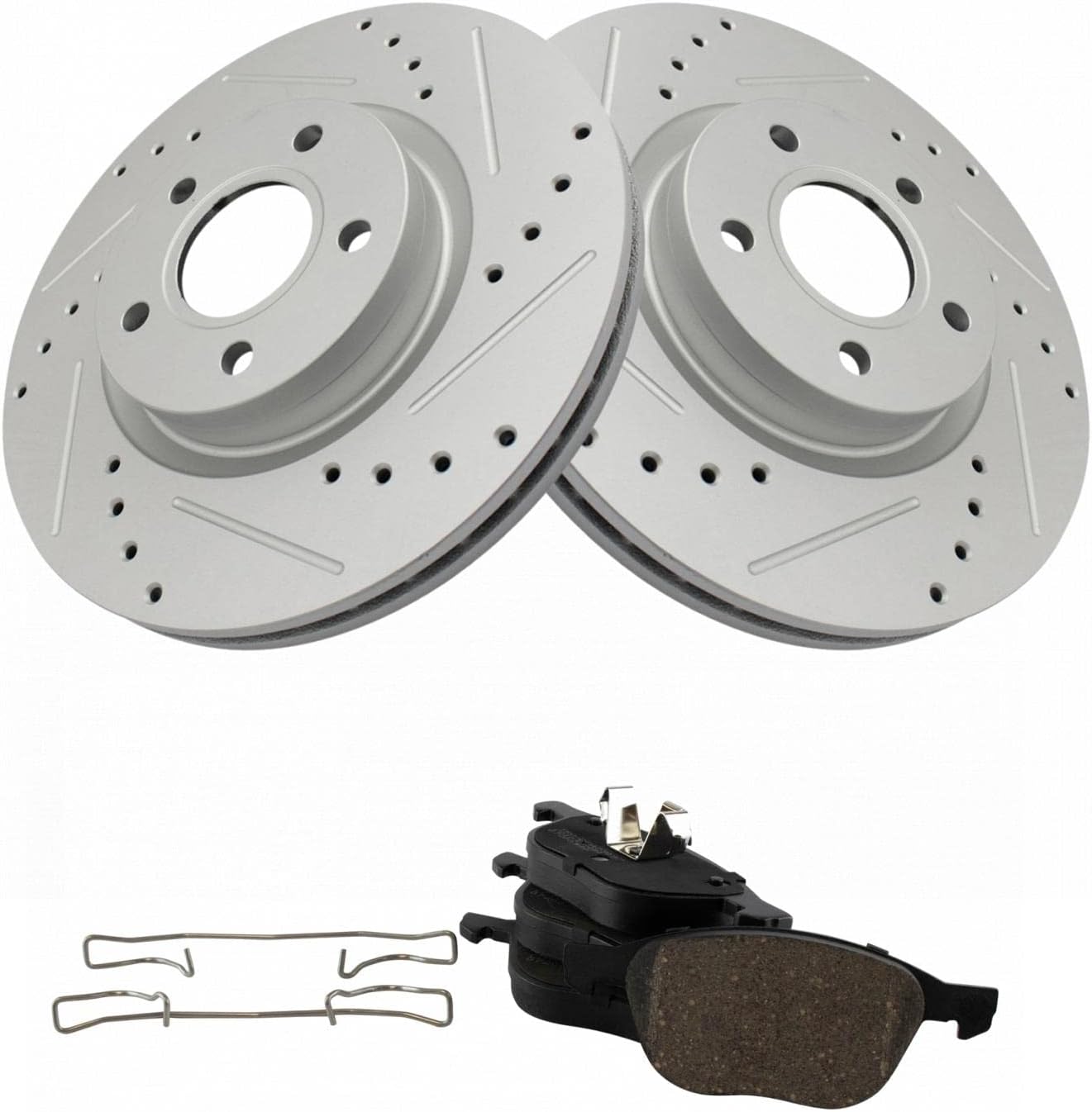 TRQ Performance Front Brake Pad and Rotor Set Ceramic Drilled Slotted Coated Vented Rotors Compatible with 13-17 Ford C-Max 13-19 Escape 08-13 Volvo C30 06-12 C70 04-11 S40 05-11 V50