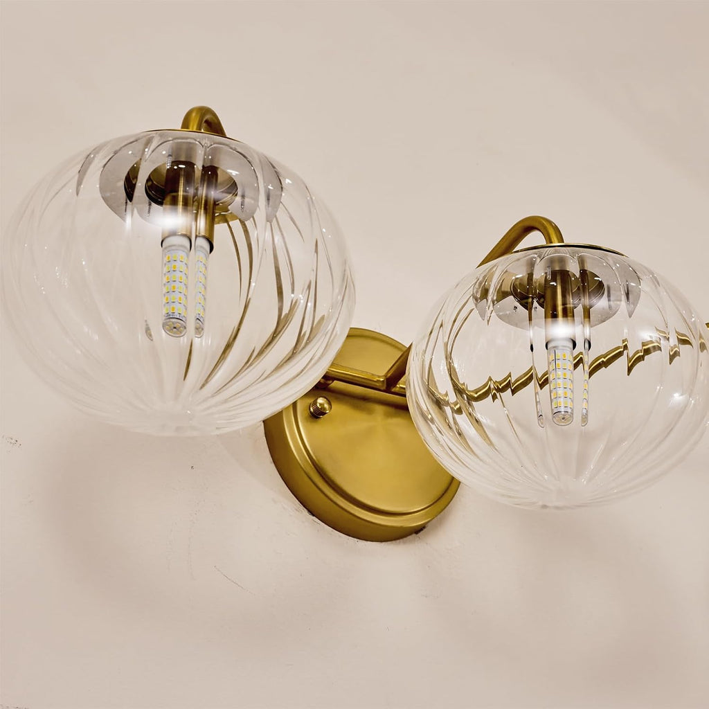 ANDY STAR Brushed Gold Vanity Lights, 3 Light Bathroom Light Fixtures with Clear Pumpkin-Ribbed Glass Globe Shade, Brass Vintage Striped Wall Lights, Up or Down, G9 Base (No Bulbs)