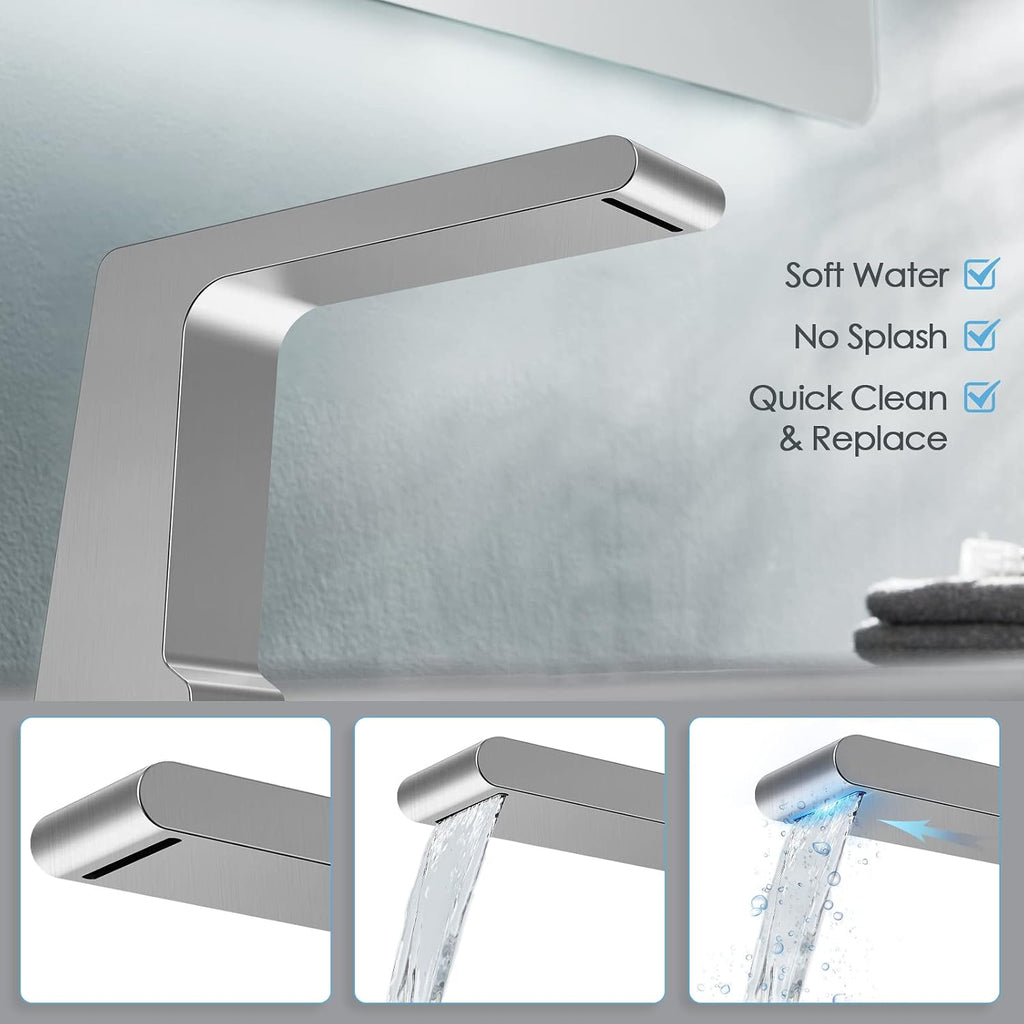 Bathtub Faucet Set with 3 Handle, Deck Mount 5 Hole Roman Waterfall Spout Bath Tub Faucet with Valve, Brushed Nickel