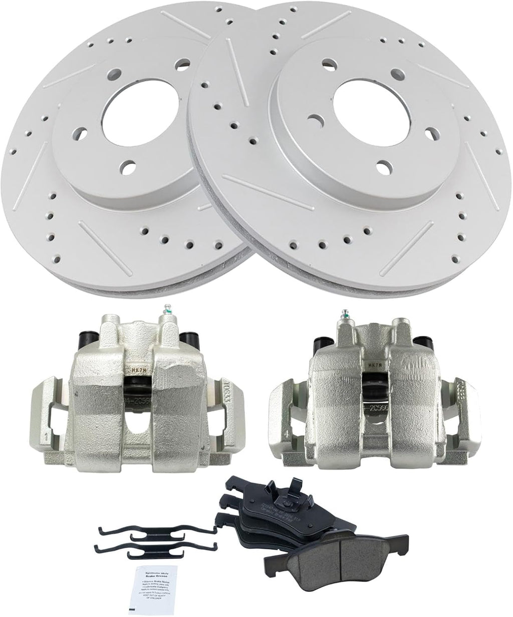 TRQ Performance Front Brake Pad and Rotor Set Ceramic Vented Coated Rotors Calipers Compatible with 2005-2009 Ford Escape Mazda Tribute 2007-2009 Mercury Mariner