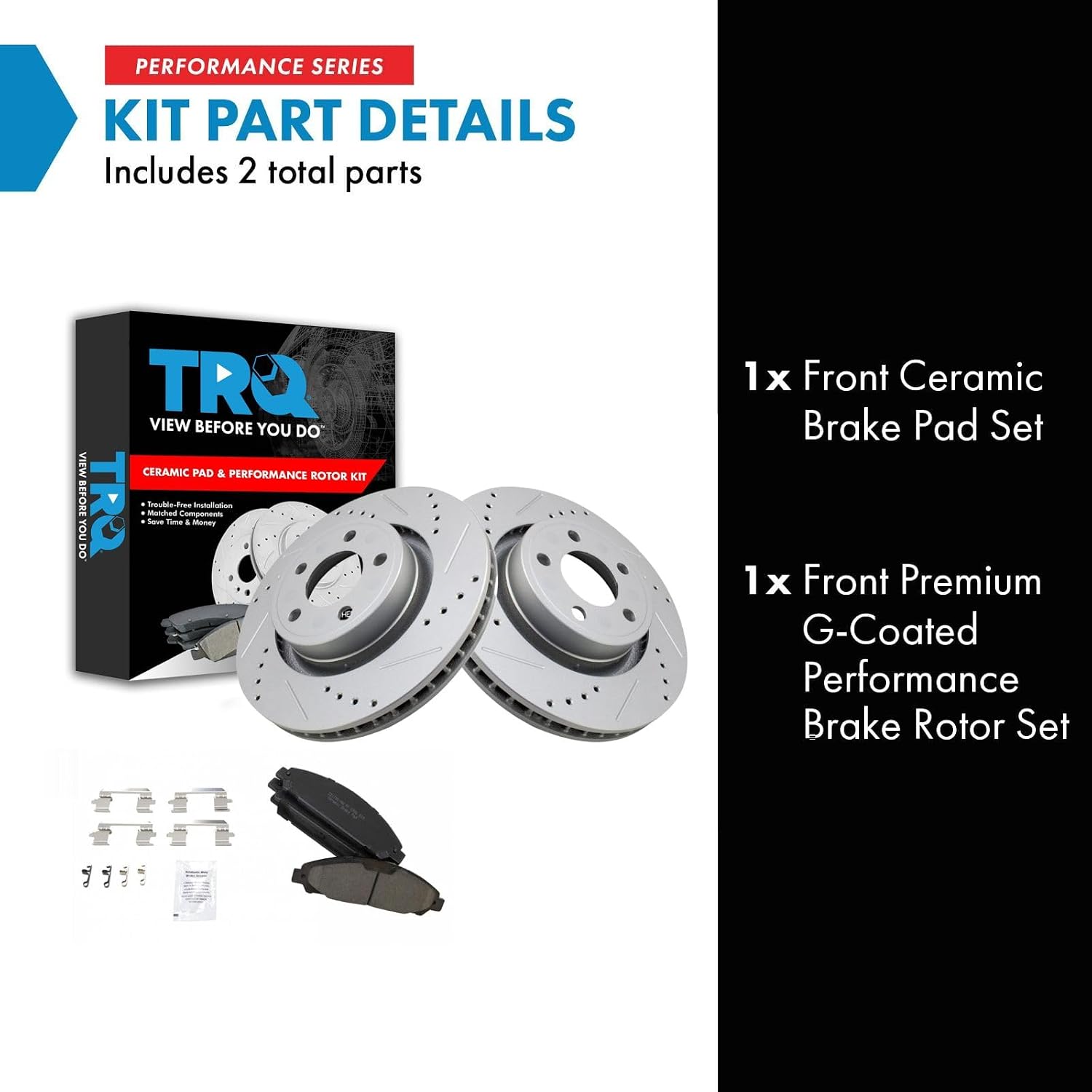 TRQ Performance Front Brake Pad and Rotor Set Ceramic Drilled Slotted Vented Rotors Compatible with 2015-2017 Ford Mustang