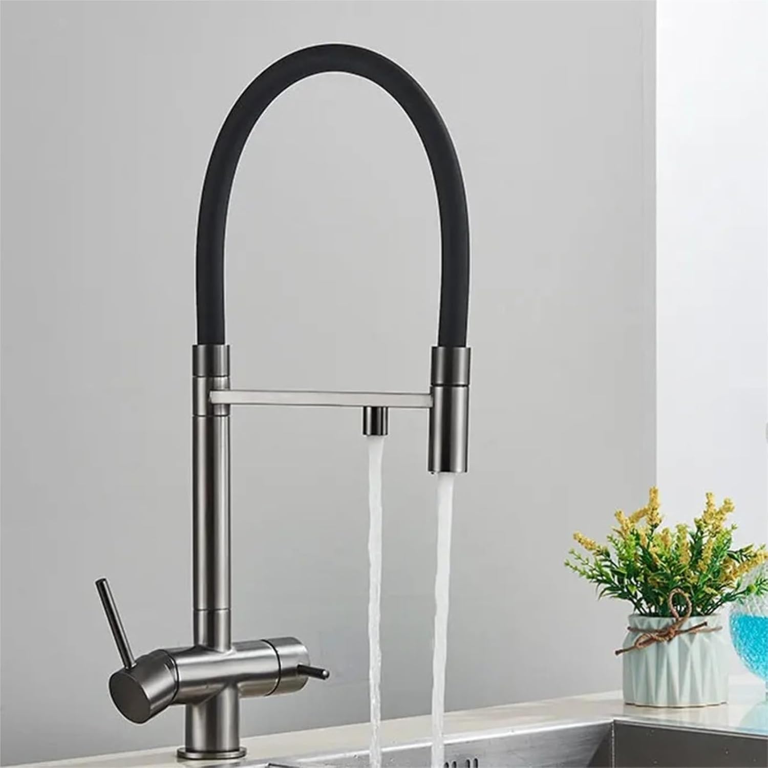 Kitchen Purified Faucets Dual Handle Cold Hot Water Mixer Crane Tap Filter Water Modern Tap(Gray)