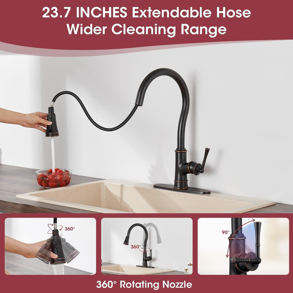 Kitchen Faucets with Pull Down Sprayer, Oil Rubbed Bronze High Arc Antique Brass Single Handle Vintage Kitchen Sink Faucet with 1 or 3 Hole Deck Plate for Farmhouse Laundry Camper Rv Bar