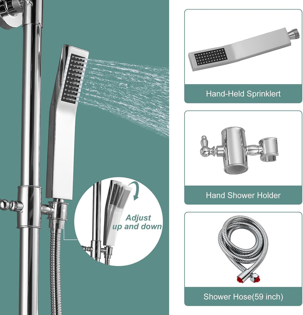 Polish Chrome Exposed Shower System 2 Functional Bathroom Shower Set 8 Inch Square Rainfall Shower Head with Hand Sprayer Wall Mounted