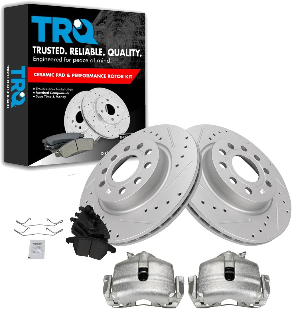TRQ Performance Front Brake Pad and Rotor Set Ceramic Vented Coated Rotors Calipers Compatible with 2013 Volkswagen GTI 2011 Jetta