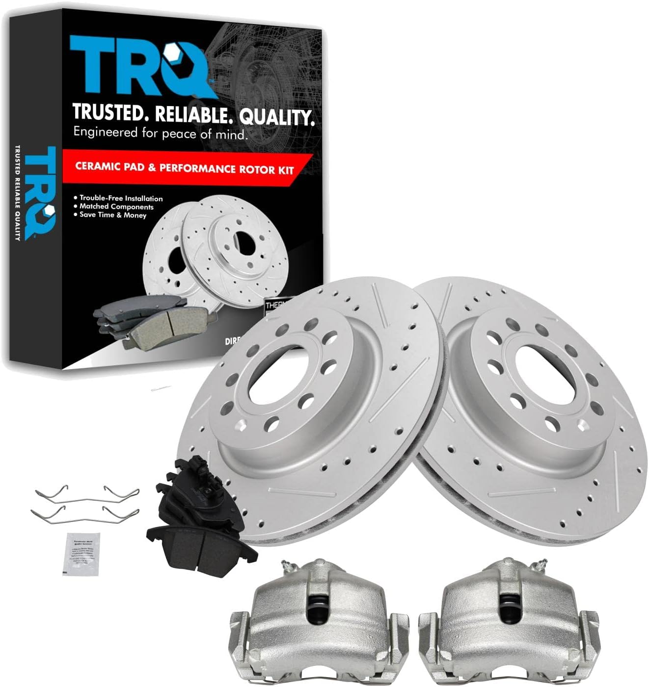 TRQ Performance Front Brake Pad and Rotor Set Ceramic Vented Coated Rotors Calipers Compatible with 2013 Volkswagen GTI 2011 Jetta
