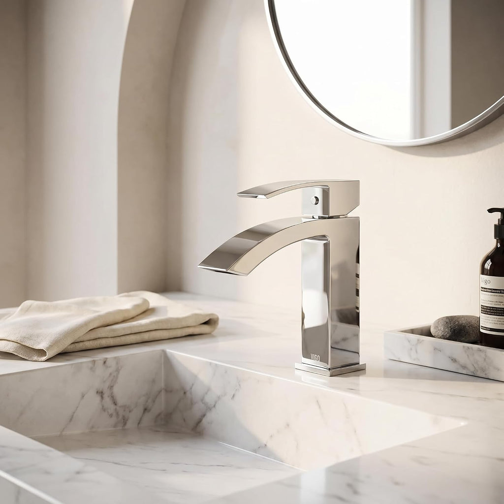 VIGO Satro Waterfall Single-Handle Single-Hole Mount Bathroom Sink Faucet, 7-Inch, Chrome, Modern Design, Solid Brass, 1.2 GPM WaterSense & Ceramic Disc Valve, Corrosion-Resistant