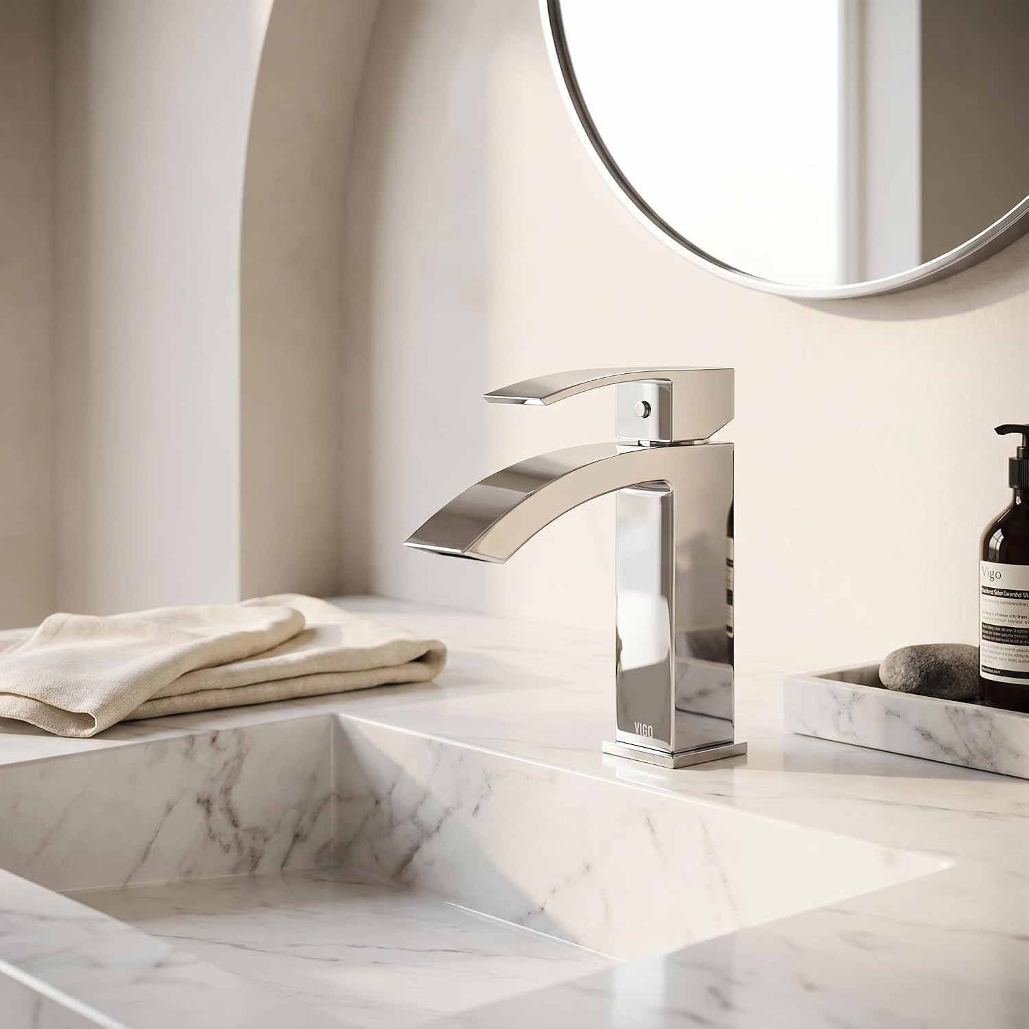 VIGO Satro Waterfall Single-Handle Single-Hole Mount Bathroom Sink Faucet, 7-Inch, Chrome, Modern Design, Solid Brass, 1.2 GPM WaterSense & Ceramic Disc Valve, Corrosion-Resistant