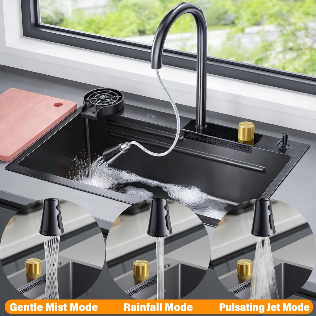 Drop In Kitchen Sink with Faucet, 29.5x17.7x10' Basin Depth Undermount Kitchen Sinks, Stainless Steel Sink with Cup Washer, Drain Strainer, Cutting Board, Colander, Storage Basket & Roll-up Rack