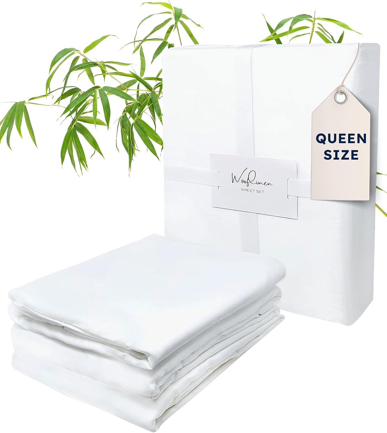 Wooflinen 100% Viscose Derived from Bamboo Sheets Set – Silky Soft Like Silk Bed Sheets – Matte White Bed Cover with Pillowcases – Cooling, Thick, Durable – Queen, 4 Pc Set