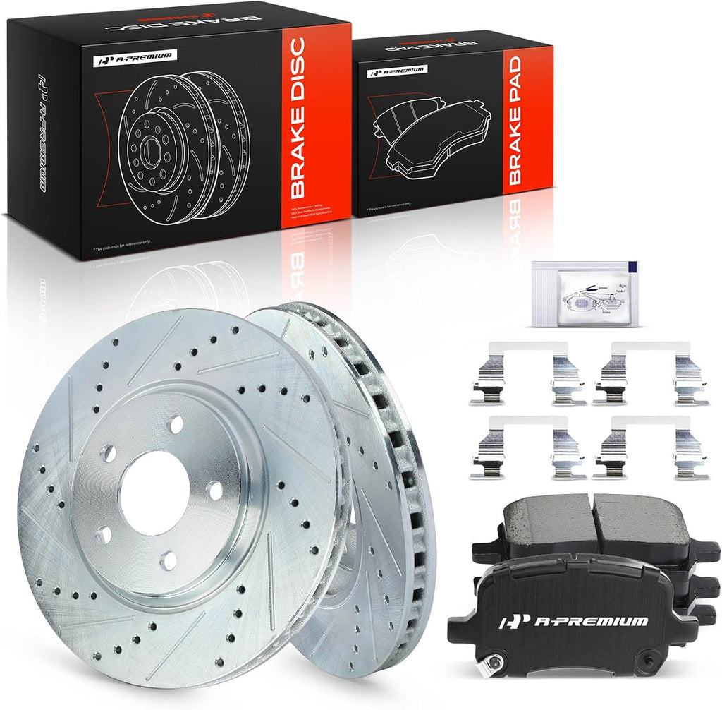 A-Premium 11.65 in(296mm) Front Drilled and Slotted Disc Brake Rotors + Ceramic Pads Kit Compatible with Chevy, Pontiac & Saturn Models - Cobalt 05-07, HHR 08-10, Malibu 04-06/08-12, G6 05-10, G5, Ion