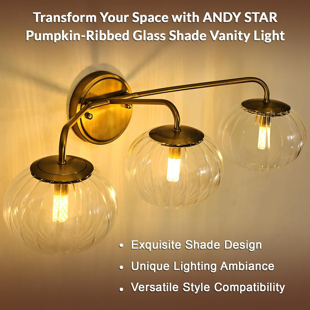 ANDY STAR Brushed Gold Vanity Lights, 3 Light Bathroom Light Fixtures with Clear Pumpkin-Ribbed Glass Globe Shade, Brass Vintage Striped Wall Lights, Up or Down, G9 Base (No Bulbs)