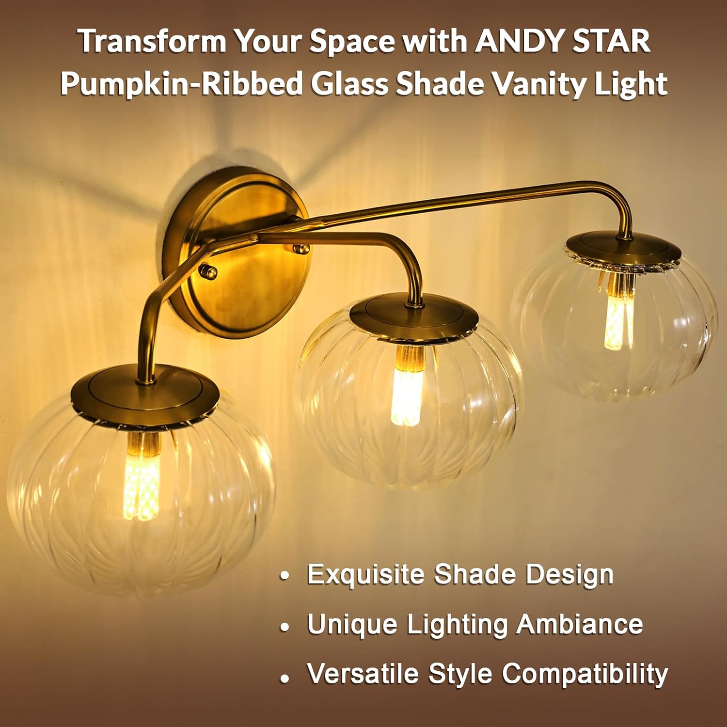 ANDY STAR Brushed Gold Vanity Lights, 3 Light Bathroom Light Fixtures with Clear Pumpkin-Ribbed Glass Globe Shade, Brass Vintage Striped Wall Lights, Up or Down, G9 Base (No Bulbs)