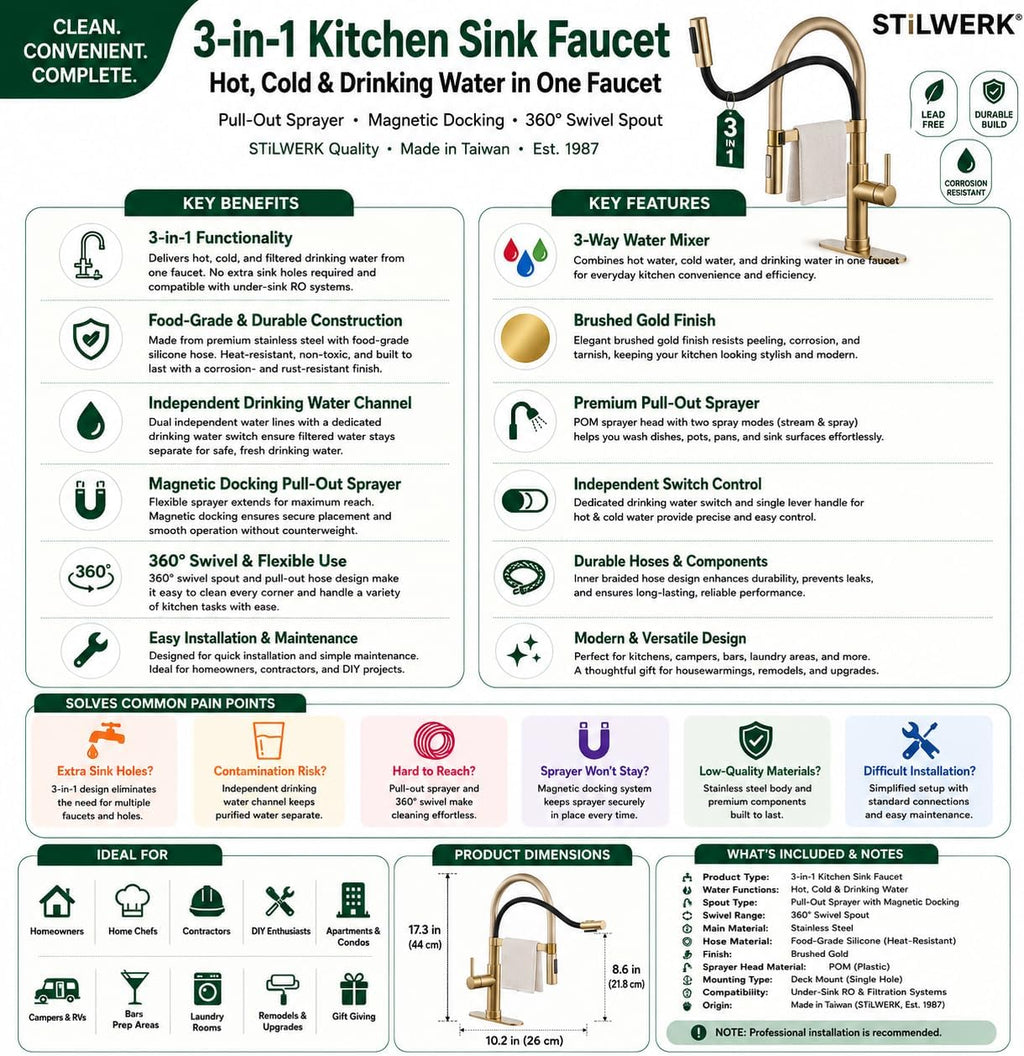STiLWERK 3-in-1 Kitchen Sink Faucet with Pull-Out Sprayer, 3 Way Hot, Cold & Drinking Water Mixer, Magnetic Docking, Stainless Steel, Champagne Gold Finish