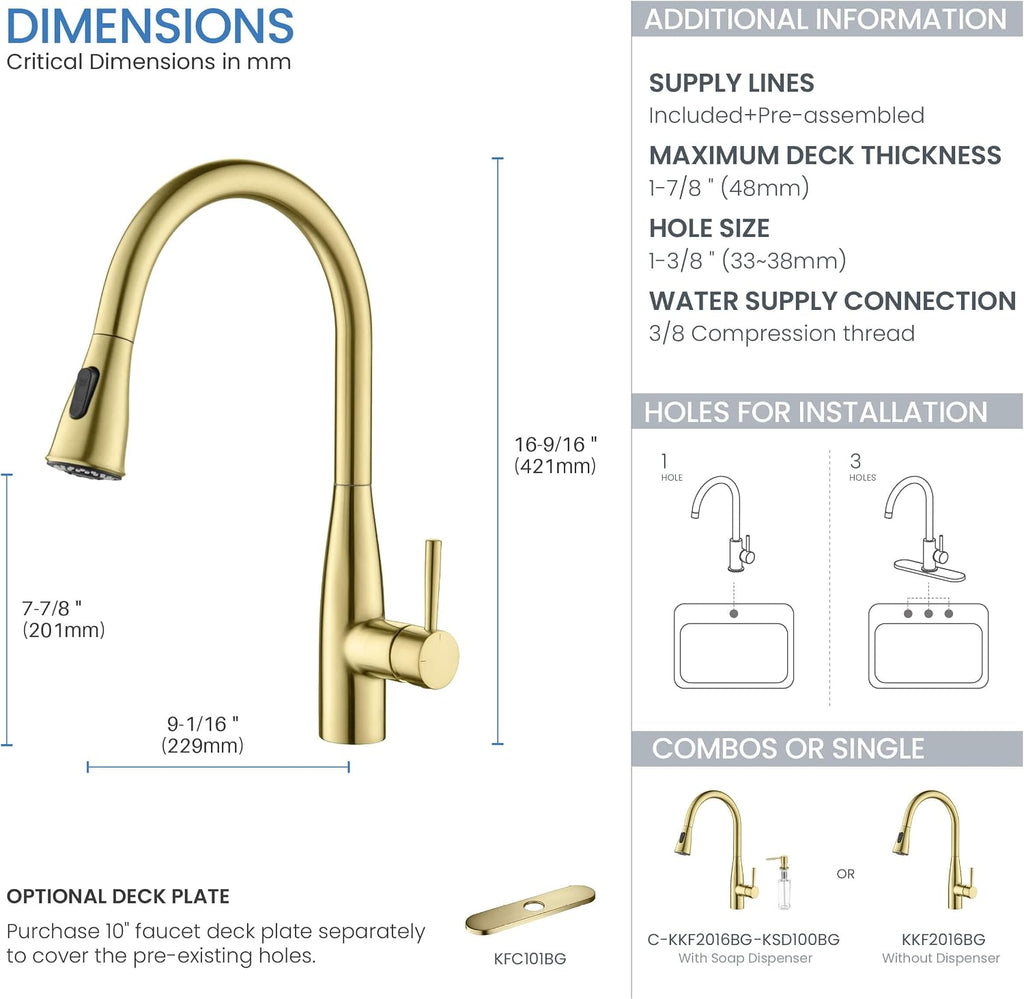KIBI Bari-T Single Handle Pull Down Kitchen Faucet with High Arc Solid Brass Spout | 360-Degree Swivel, and Dual-Function Sprayer | Modern Pull Down Faucet for Kitchen Sink (Brushed Gold, KKF2016)