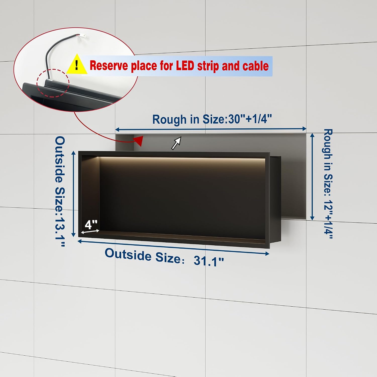 Qeke Stainless Steel Shower Niche 30' X 12', No Tile Needed Wall Niche with Non-Dimmable Led Light, Recessed Shower Niche Lighting for Bathroom Storage Over Mount Installation, Matte Black
