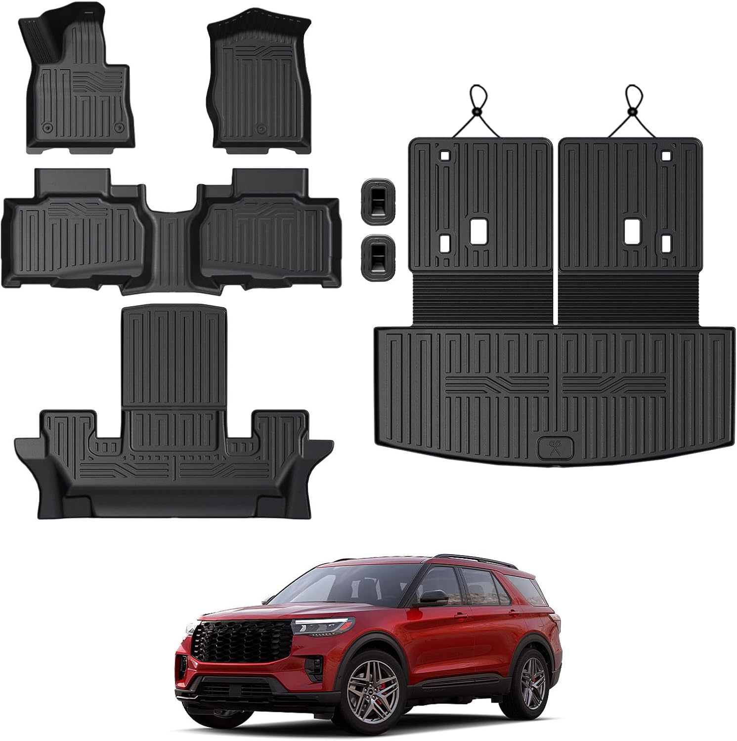 Floor Mats for Ford Explorer 2020-2026, All Weather Floor Mats Trunk Cargo Liner with Backrest Protectors Accessories, Full Coverage Set (Fit 6 Seats)