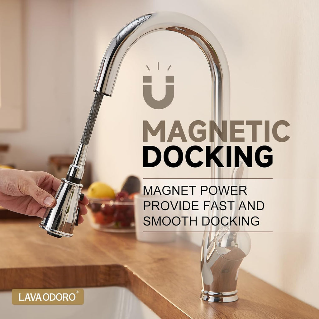 Lava Odoro Kitchen Faucet with Pull Down Sprayer, Chrome Kitchen Sink Faucet with Magnetic Docking Spray 3-Function, Faucet for Kitchen Sink 1 Hole and 3 Hole with Deck Plate, KF271-C