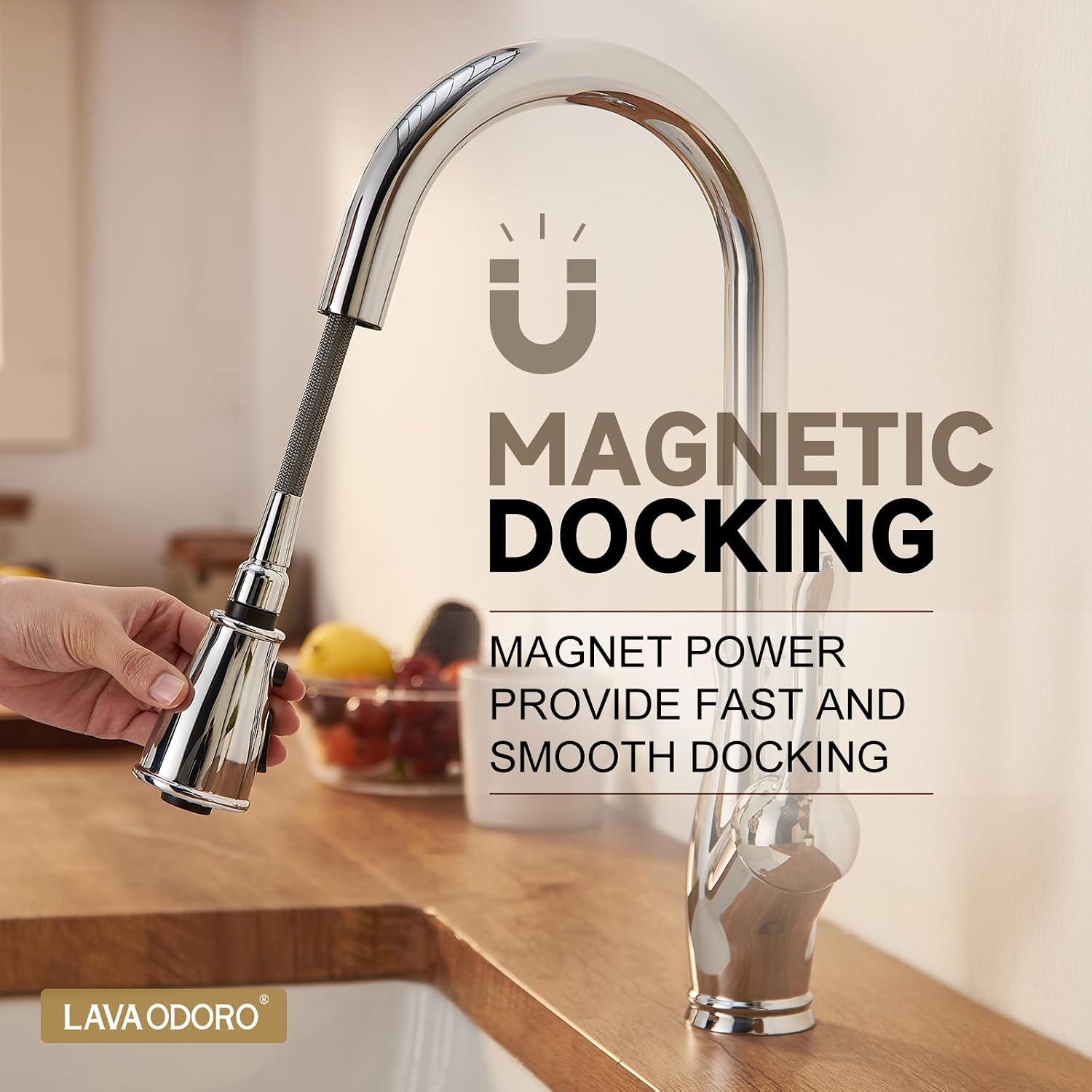 Lava Odoro Kitchen Faucet with Pull Down Sprayer, Chrome Kitchen Sink Faucet with Magnetic Docking Spray 3-Function, Faucet for Kitchen Sink 1 Hole and 3 Hole with Deck Plate, KF271-C