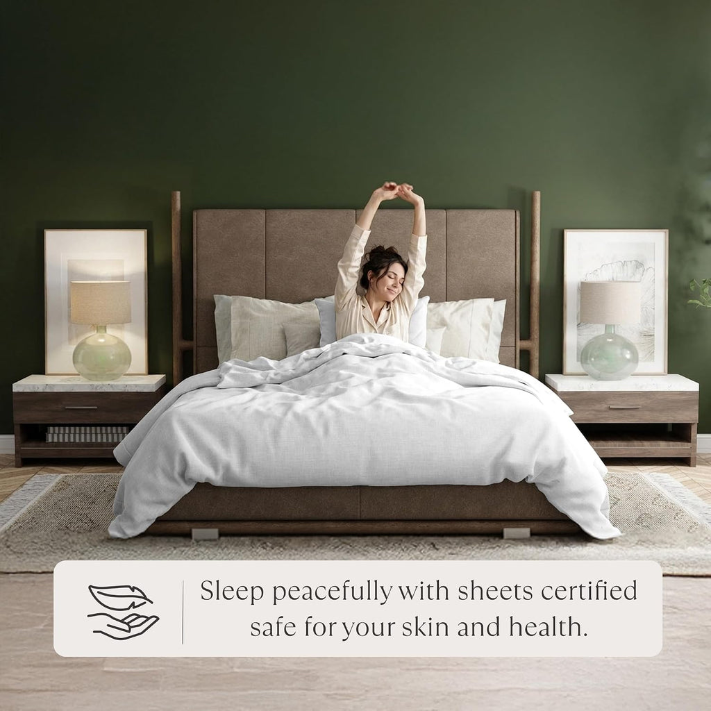Delilah Home 100% Organic Cotton Queen Flat Sheet Set, GOTS & Vegan.org Verified, Long Stem 300 TC Sateen Bedding, Non-Synthetic, Deep Pocket Fitted Linen, Lightweight, All-Season, 4 Piece Set - White